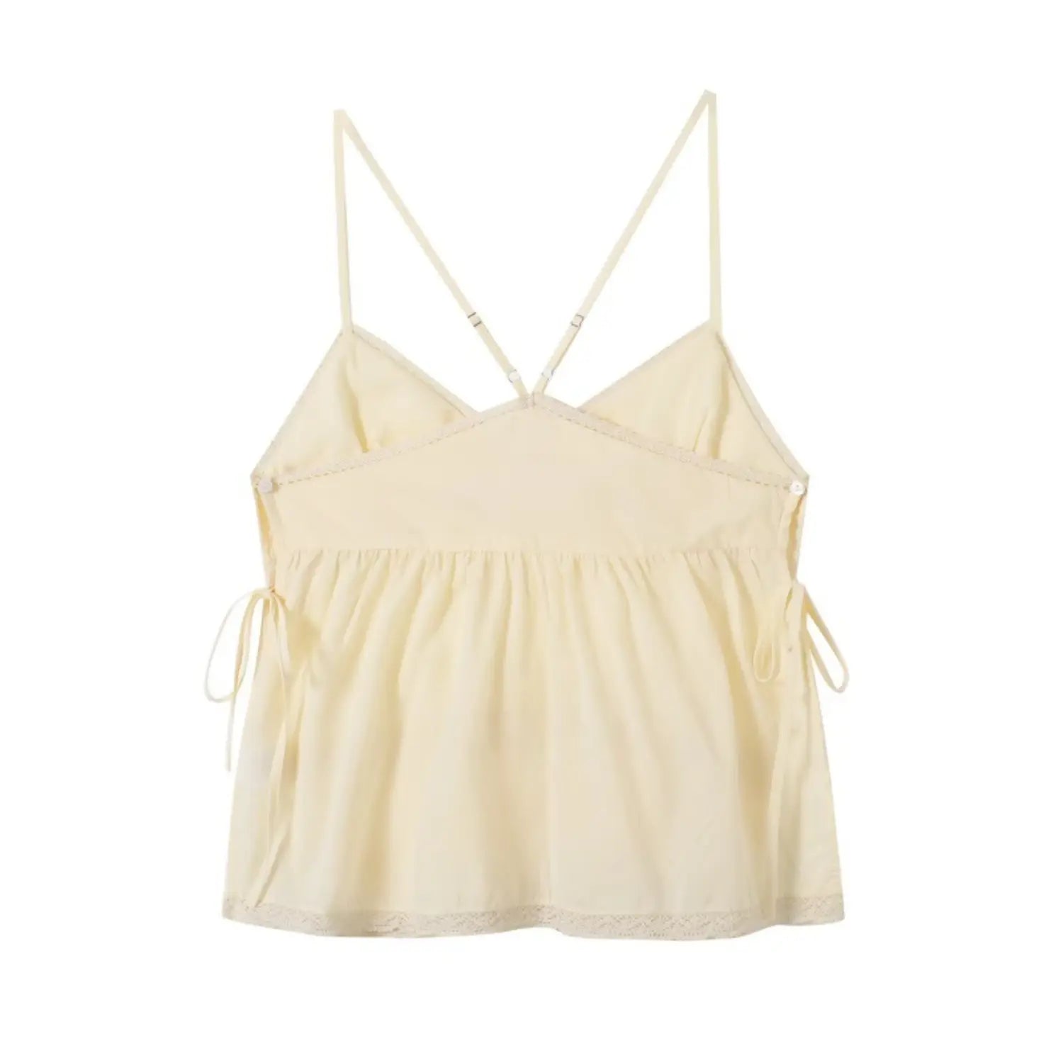 Back view cream camisole top with adjustable cross straps, lace trim and side tie detail