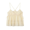 Front view cream lace cami top, v-neck spaghetti strap tank with eyelet lace, side drawstring and floral embroidery