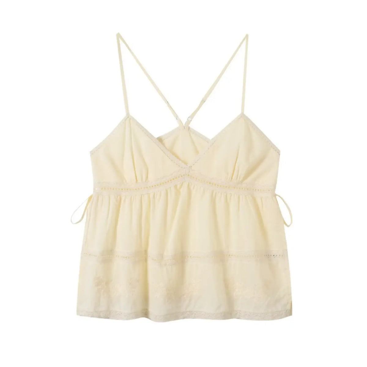 Front view cream lace cami top, v-neck spaghetti strap tank with eyelet lace, side drawstring and floral embroidery