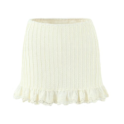 Cream lace crochet mini skirt with ruffled hem, full front view on white background