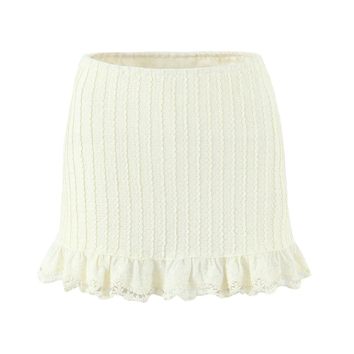 Cream lace crochet mini skirt with ruffled hem, full front view on white background