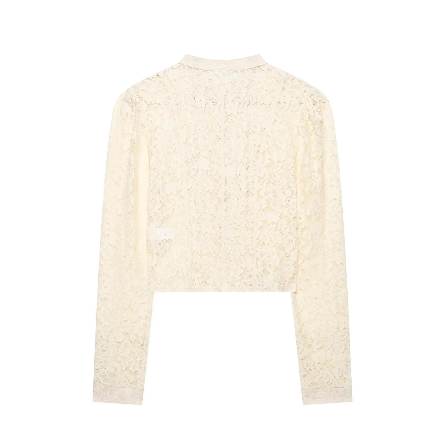 Cream lace cropped jacket back view, floral lace fabric, long sleeve, flat lay against white background