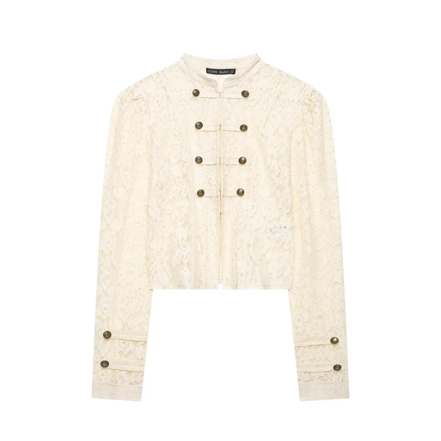 Cream lace cropped jacket, double breasted antique metal buttons, long sleeve stand collar, front flat lay on white background