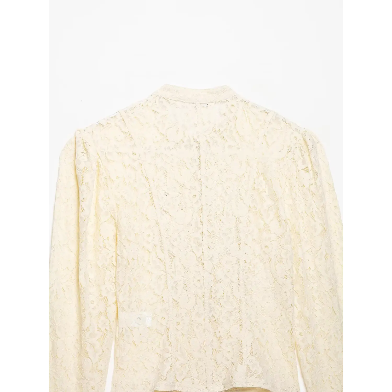 Cream floral lace cropped jacket back view, stand collar long sleeve fitted blazer for women