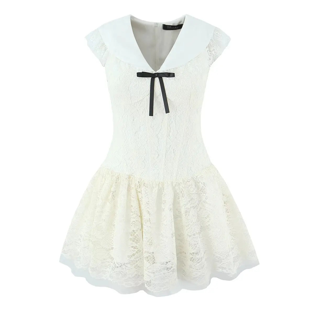 Front view of a cream lace mini dress with a large flat collar, cap sleeves with frayed lace, a black ribbon bow, and a flared skirt with a tulle underlayer.
