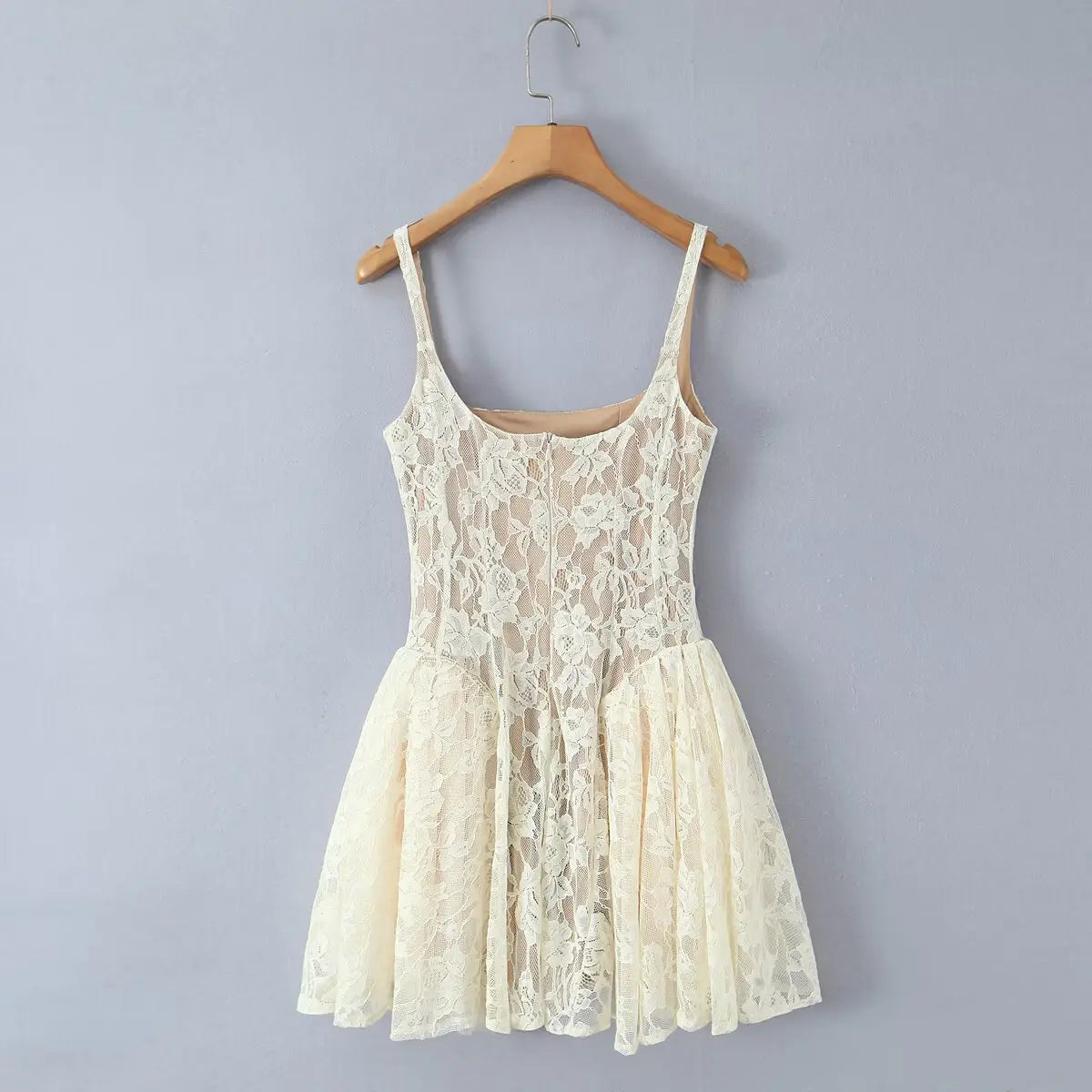 Full back view of the dress, showcasing the square neckline, fitted lace bodice, and flared skirt.