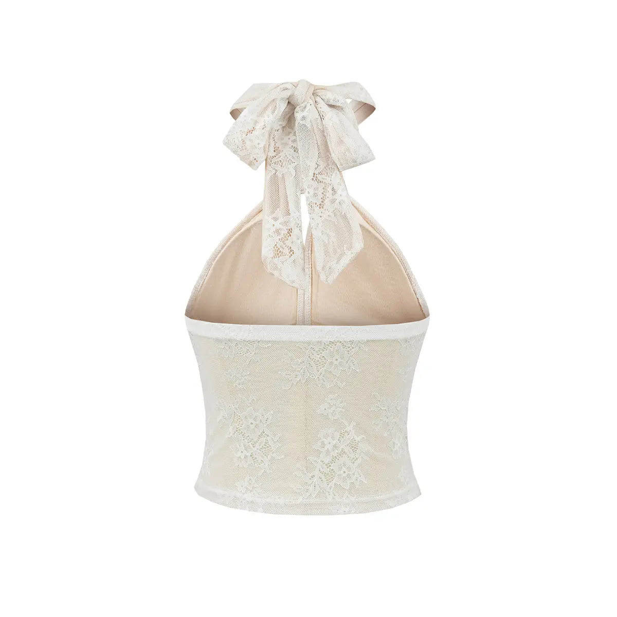 Clean studio back view of the cream lace halter top, highlighting the lace pattern and fitted silhouette.