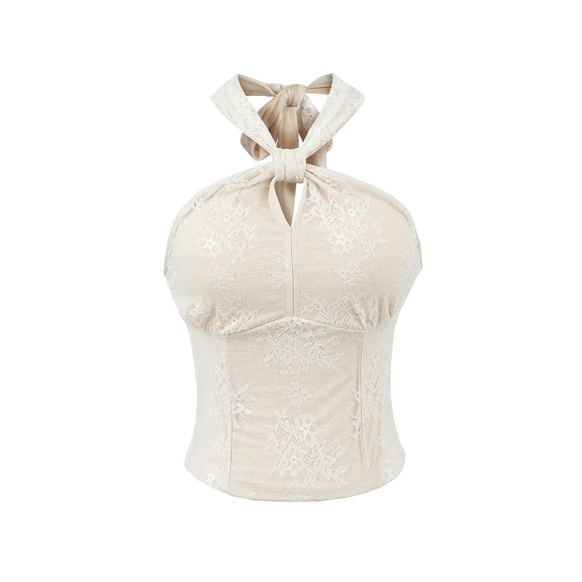 Clean studio front view of the cream lace halter top, showcasing the halter neck and keyhole cutout.