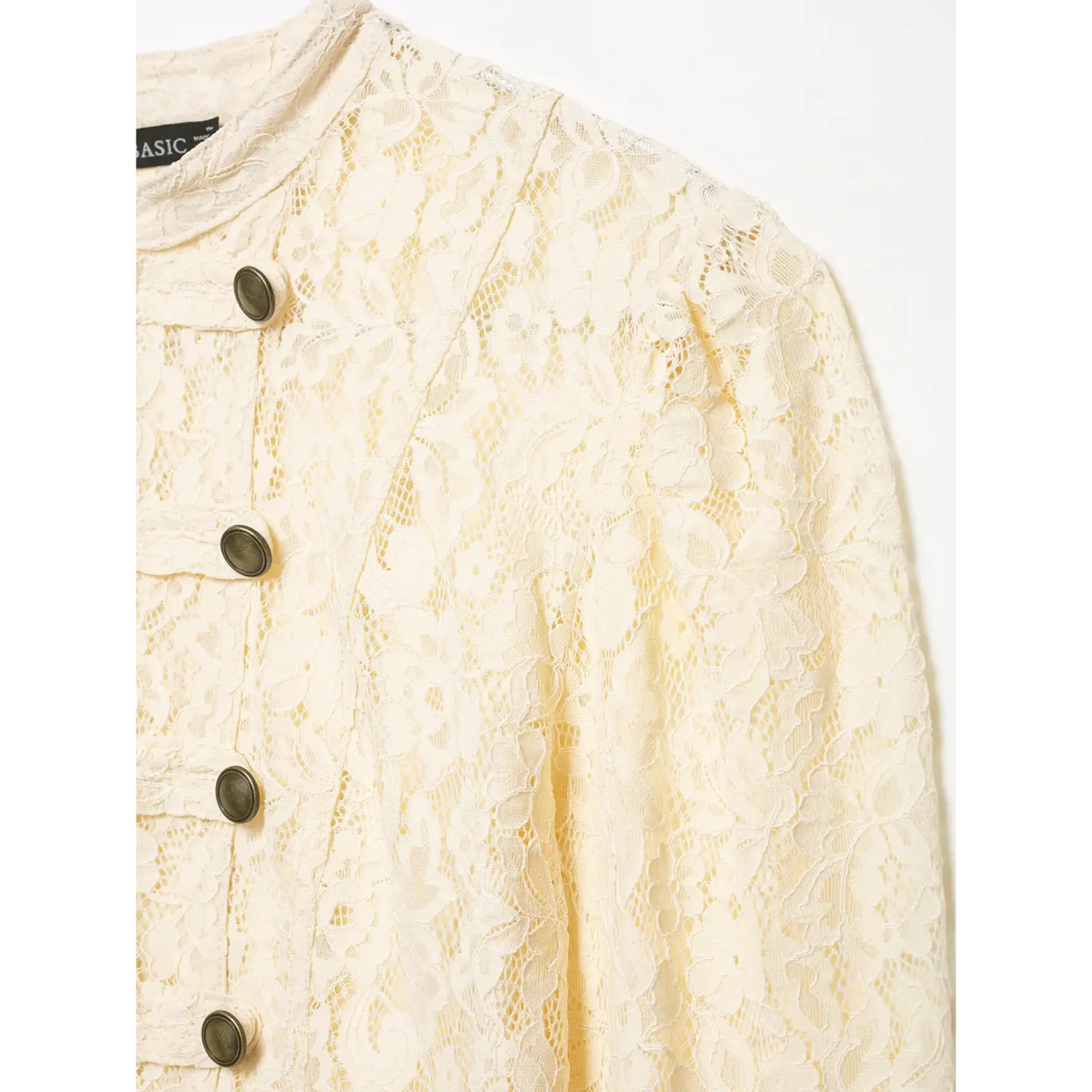 Close‑up shoulder and upper sleeve detail, puff shoulder construction, intricate floral lace of cream cropped jacket