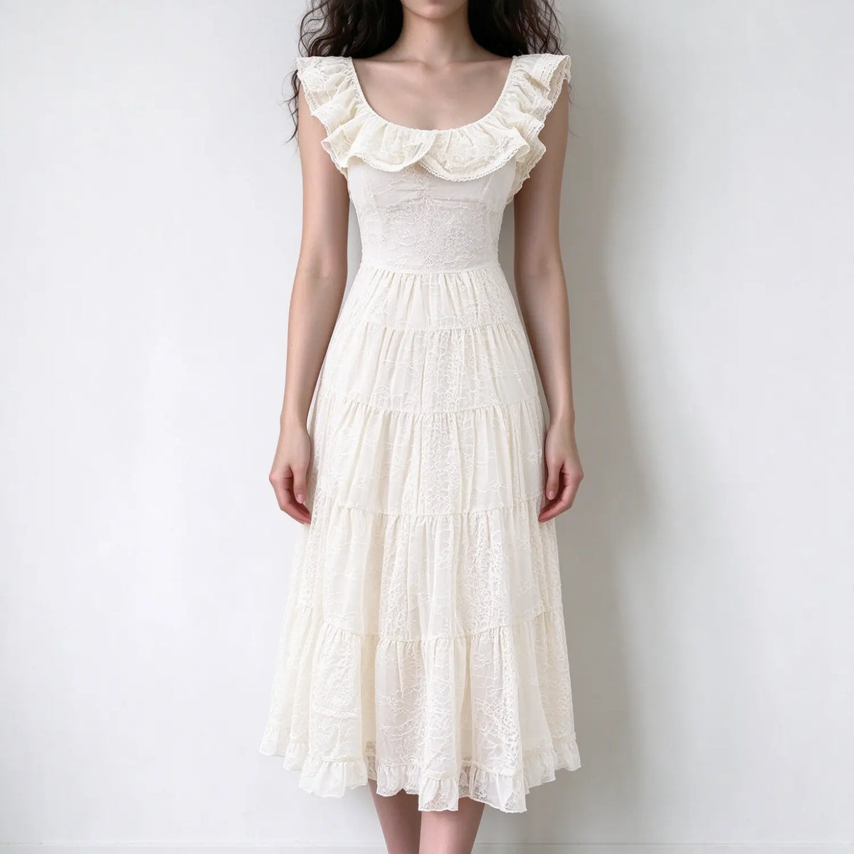 Model wearing cream lace ruffle tiered maxi dress, square neck, frilled shoulder details, tiered skirt, delicate lace fabric