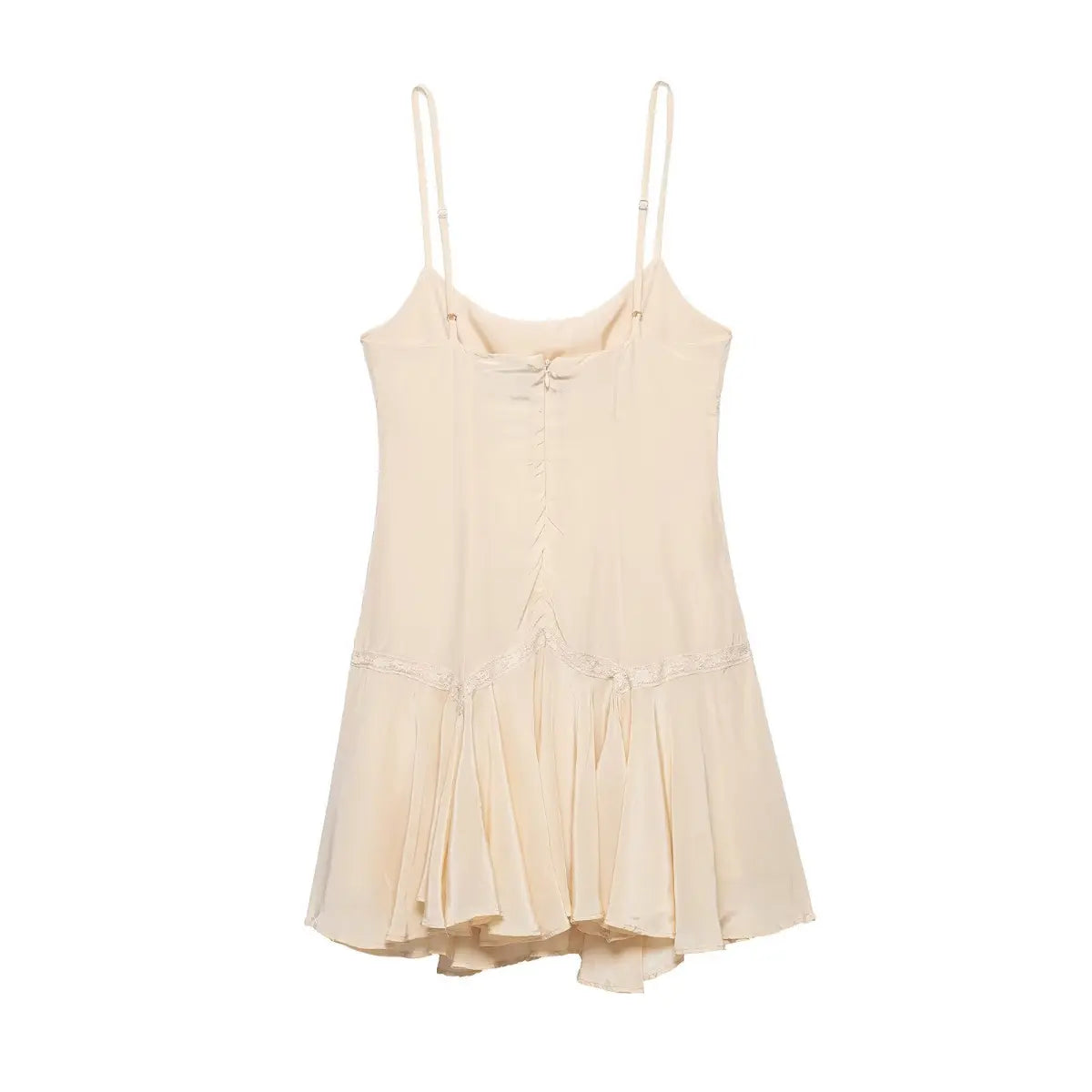 Back view of the dress, showing the ruched center seam and adjustable spaghetti straps.