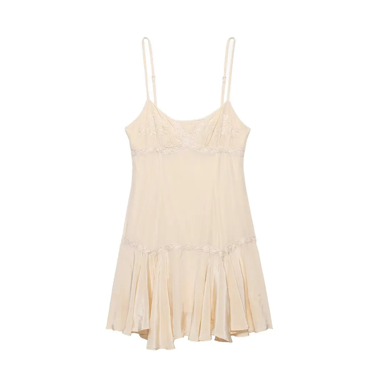 Front view of a cream satin slip dress with lace trim, floral embroidery at the bust, and a flared ruffled hem.