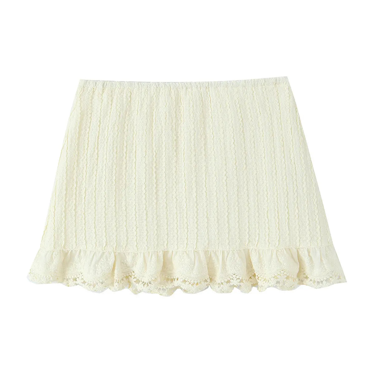 Cream lace crochet mini skirt, clean front view on white background