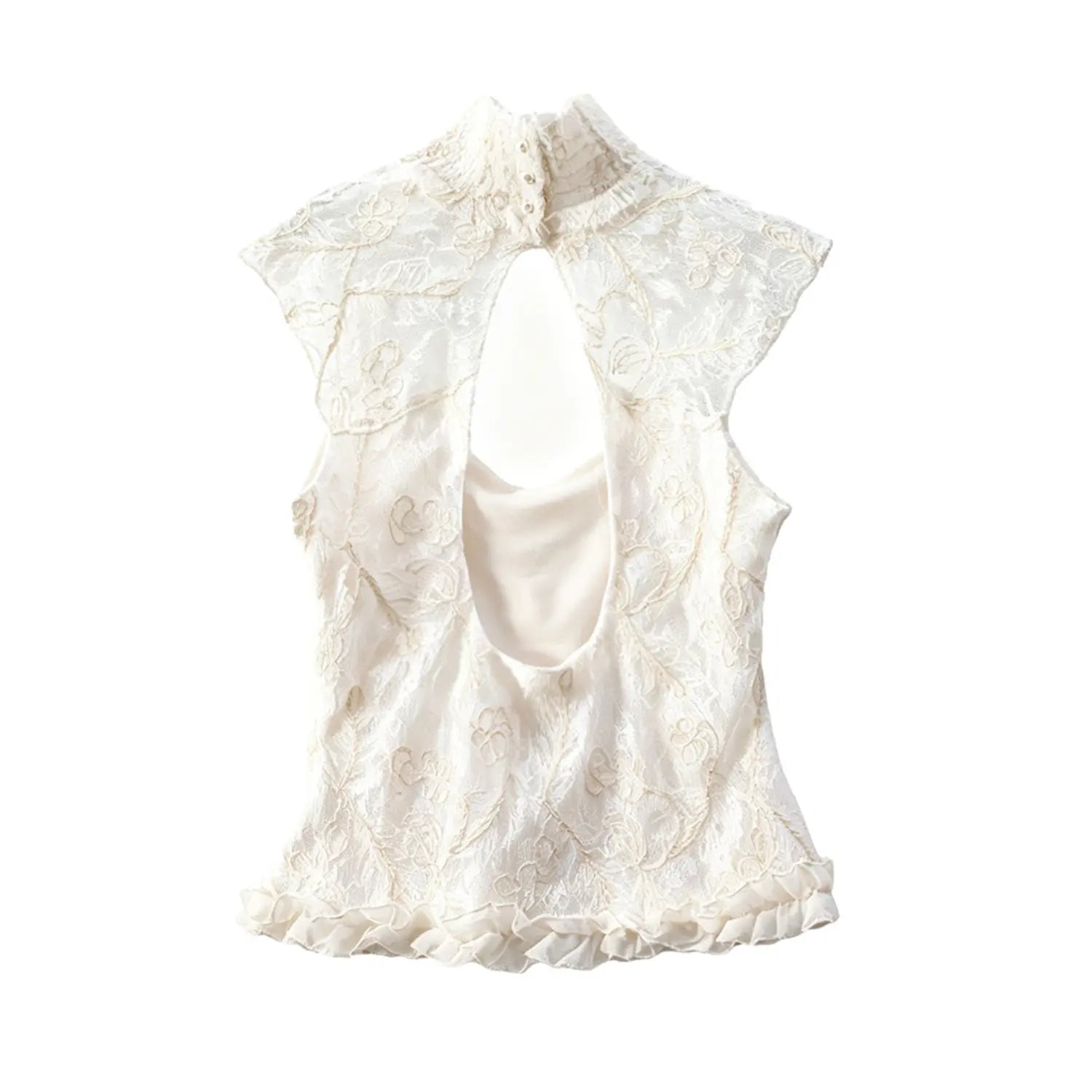 Cream floral lace sleeveless top back view, high smocked neck, keyhole cutout, ruffle cap sleeve, lined inner camisole, hem ruffle