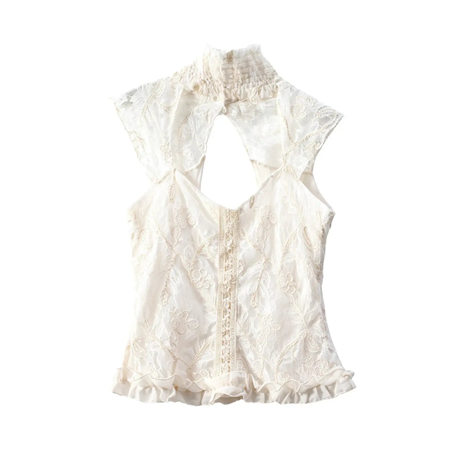 Cream floral lace sleeveless top front view, V neck with lace trim, embroidered floral pattern, ruffle cap sleeve, fitted waist, hem ruffle