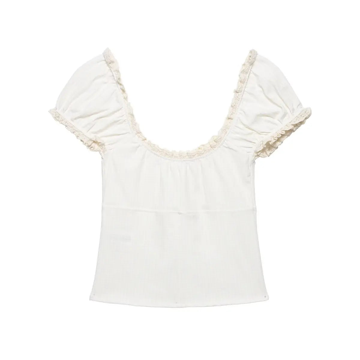 Back view of a cream-colored puff sleeve top with delicate lace trim along the scoop neckline and sleeve cuffs.