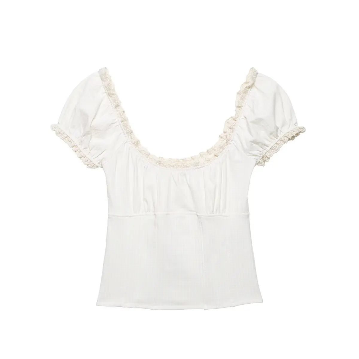Front view of the top, showing the gathered bust, corset-style vertical seams, and all-over gingham texture.