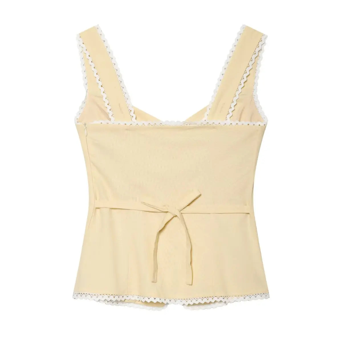 Back view of a cream-colored lace-trimmed top showing the fabric tie closure at the waist.