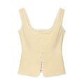 Front view of a cream-colored corset-style top with lace trim and a button placket.
