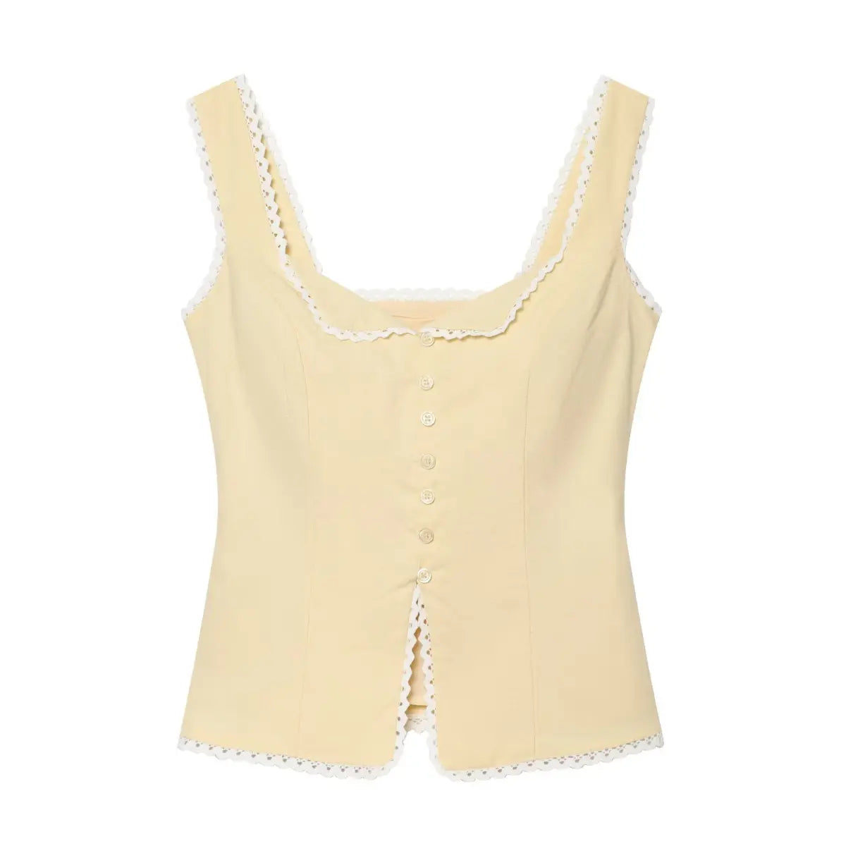 Front view of a cream-colored corset-style top with lace trim and a button placket.