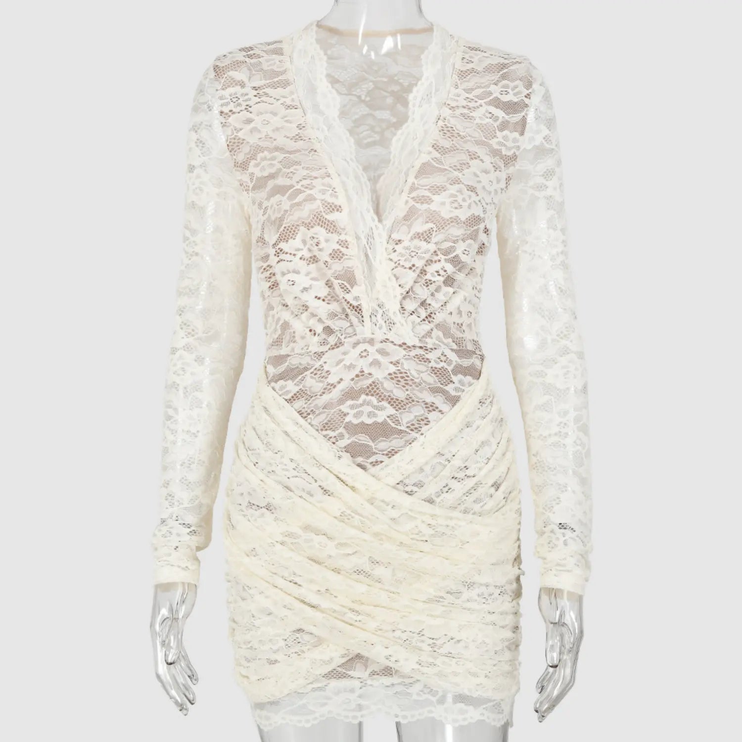 Front mannequin shot cream floral sheer lace long sleeve ruched wrap mini dress