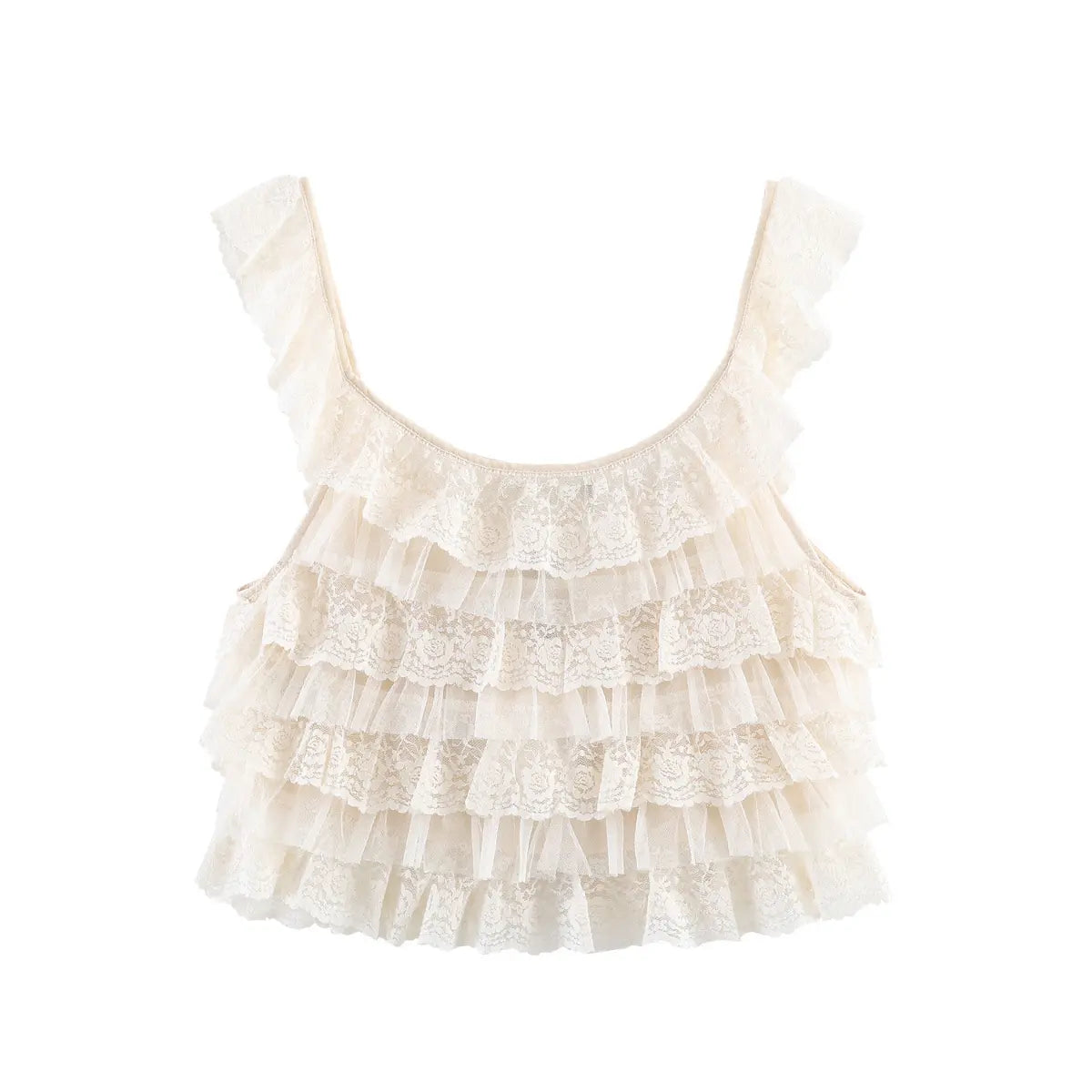 Front view of a cream layered lace ruffle camisole with a U-neckline and wide lace straps, isolated on a white background.