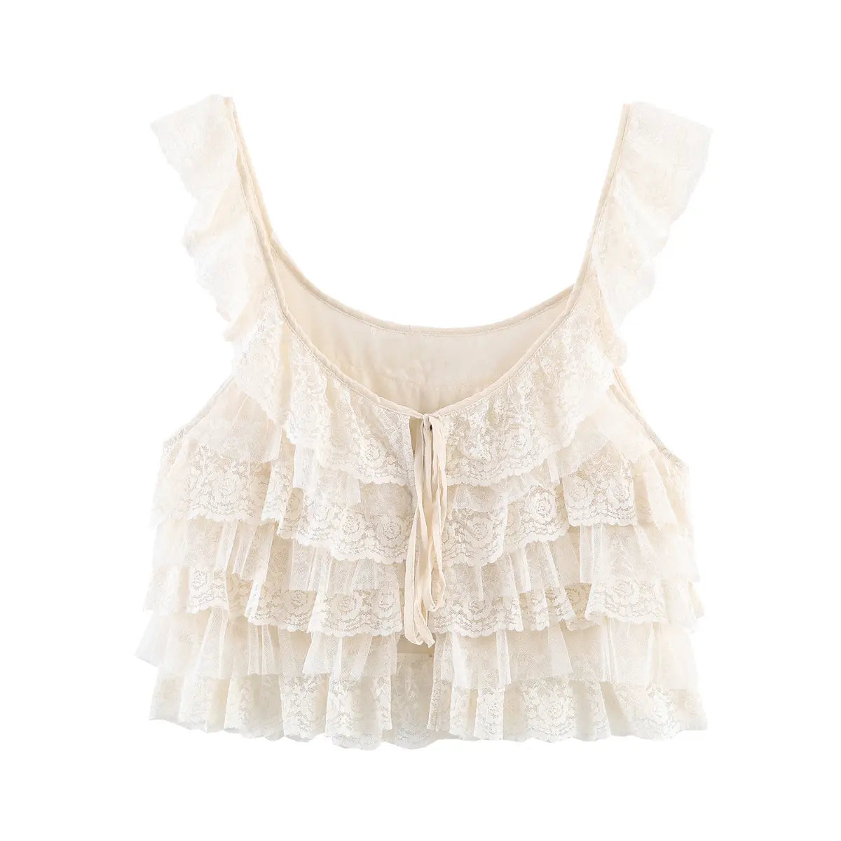 Full front view of a cream layered lace ruffle camisole with a front tie detail, isolated on a white background.