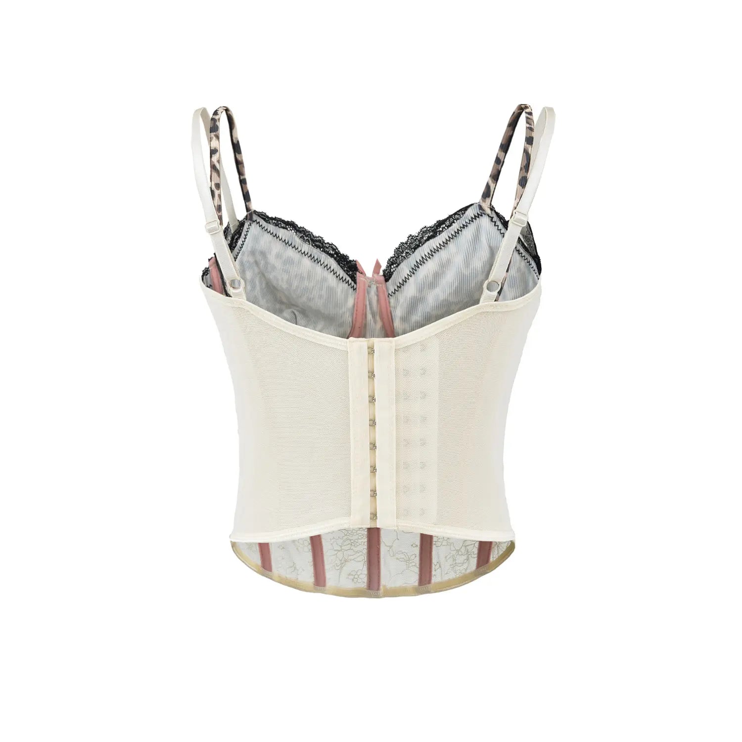 Cream leopard lace corset top full back plain white flat lay, full mesh multi-hook waist cincher pink bone strips adjustable mixed print straps shaping camisole product shot
