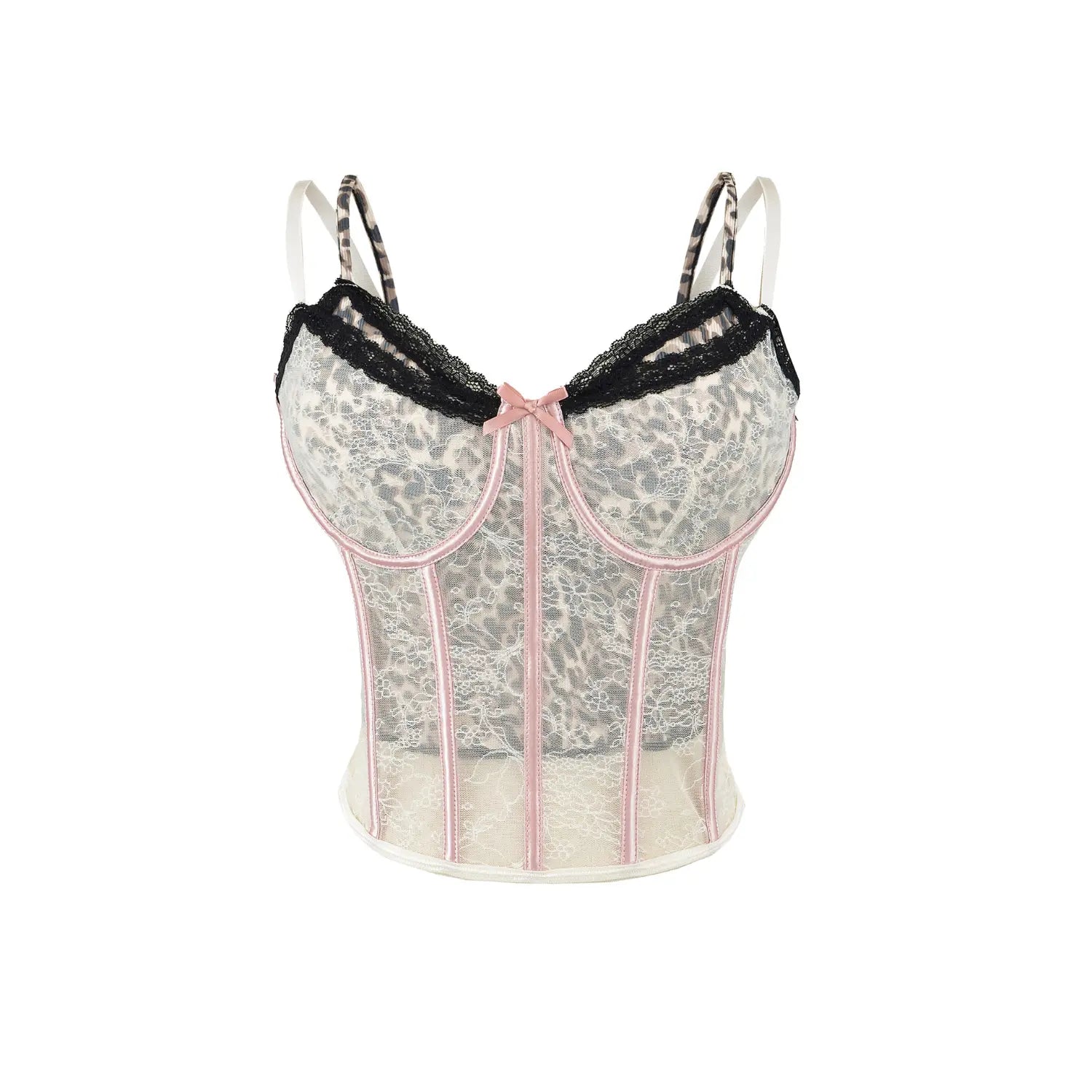 Cream leopard mesh lace corset top full front plain white flat lay, v-neck contrast lace pink satin bow multi bone waist cincher cropped shaping camisole product shot