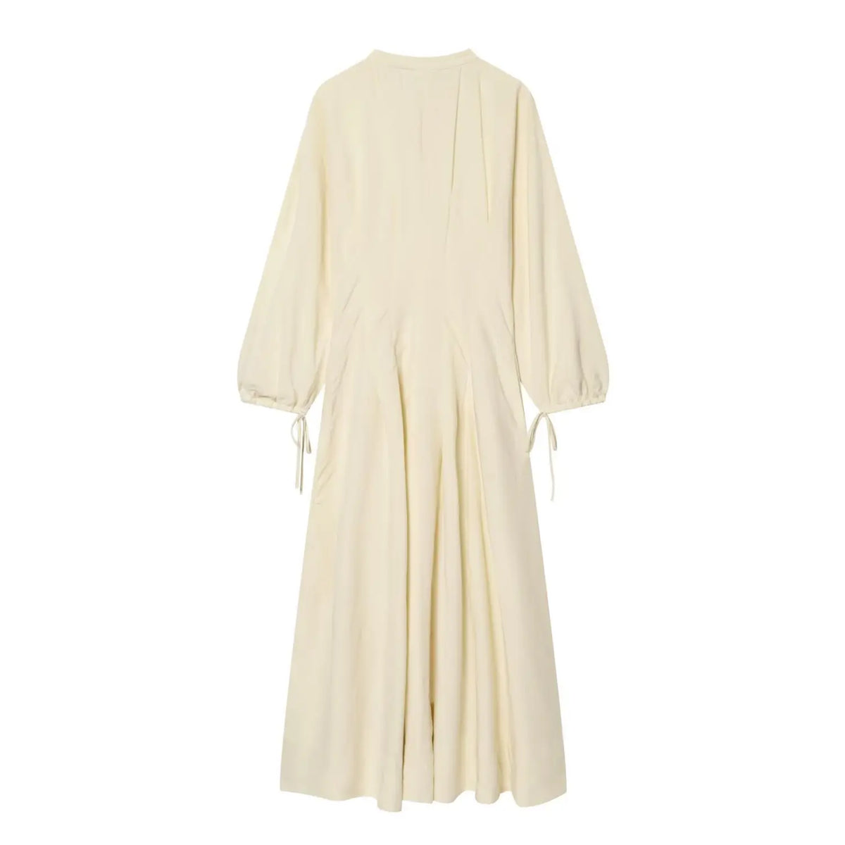 Cream linen blend maxi dress back view, long balloon sleeves with tie cuffs, pleated flowy skirt