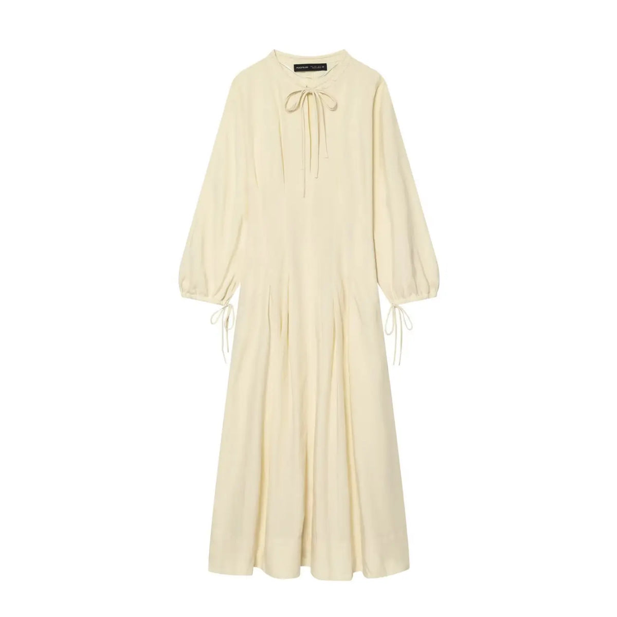 Cream linen blend maxi dress front view, tie neck, balloon long sleeves with cuff ties, flowy long skirt