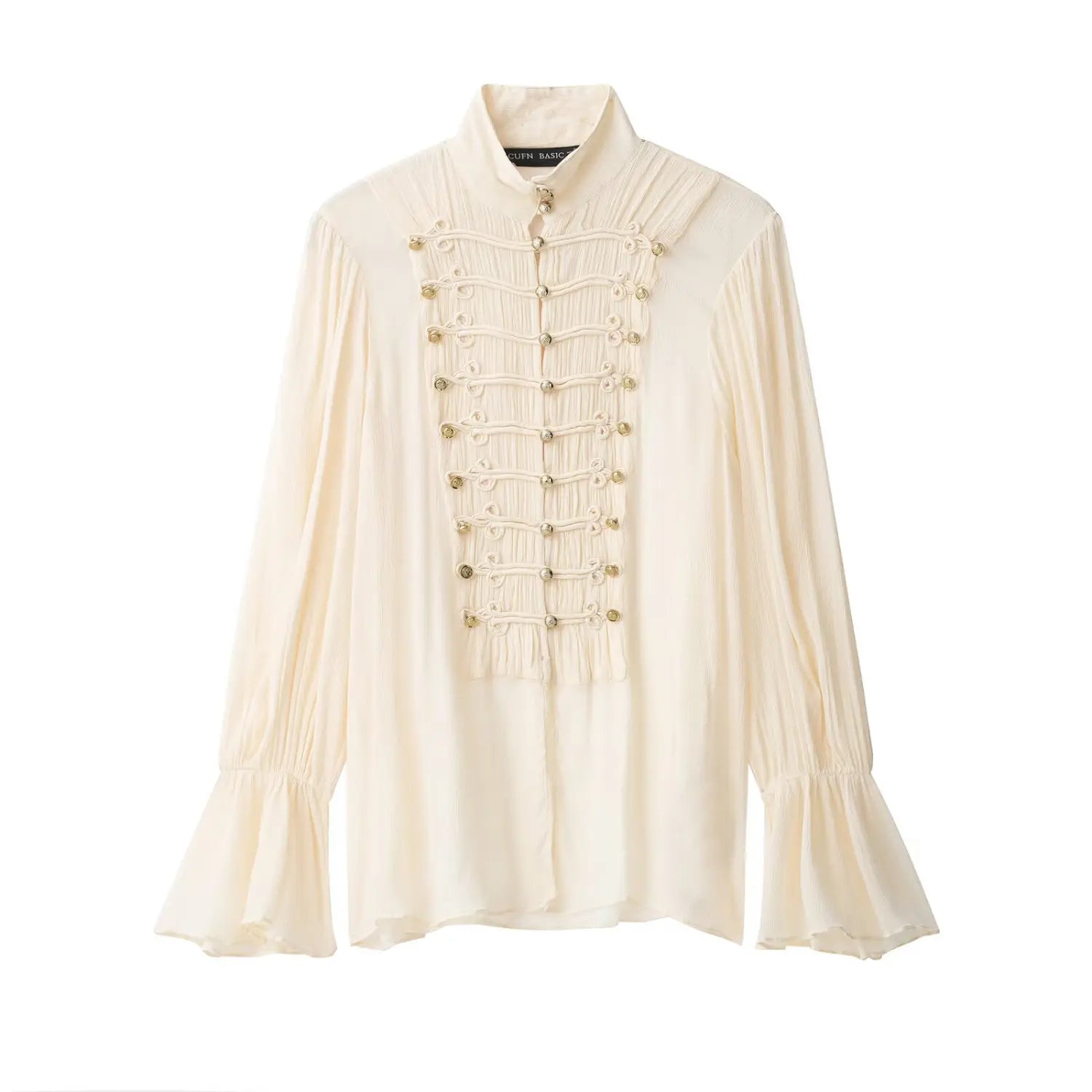 Cream mandarin collar blouse, ornate frog buttons with gold metal studs, bell long sleeves, flat lay front view