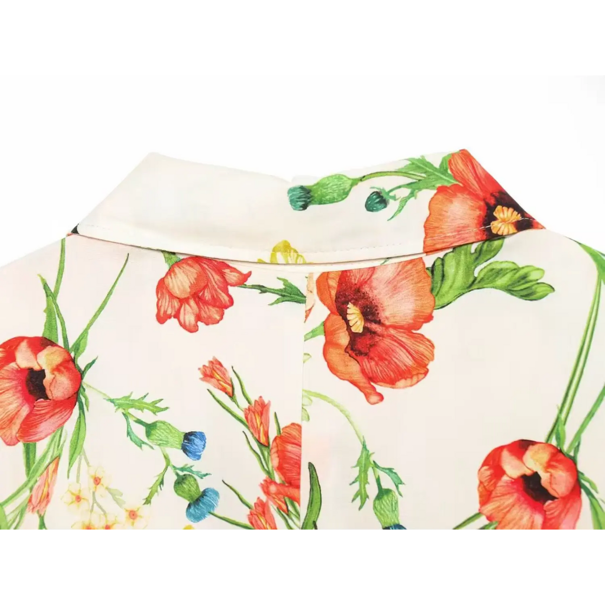 Back collar detail of cream watercolor floral print shirt midi dress