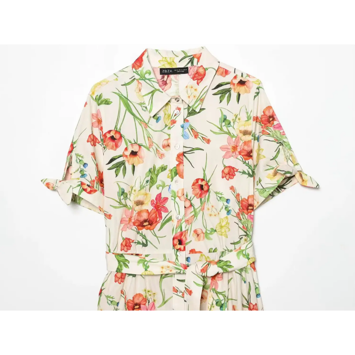 Close up of collar and button front on cream watercolor floral print shirt midi dress