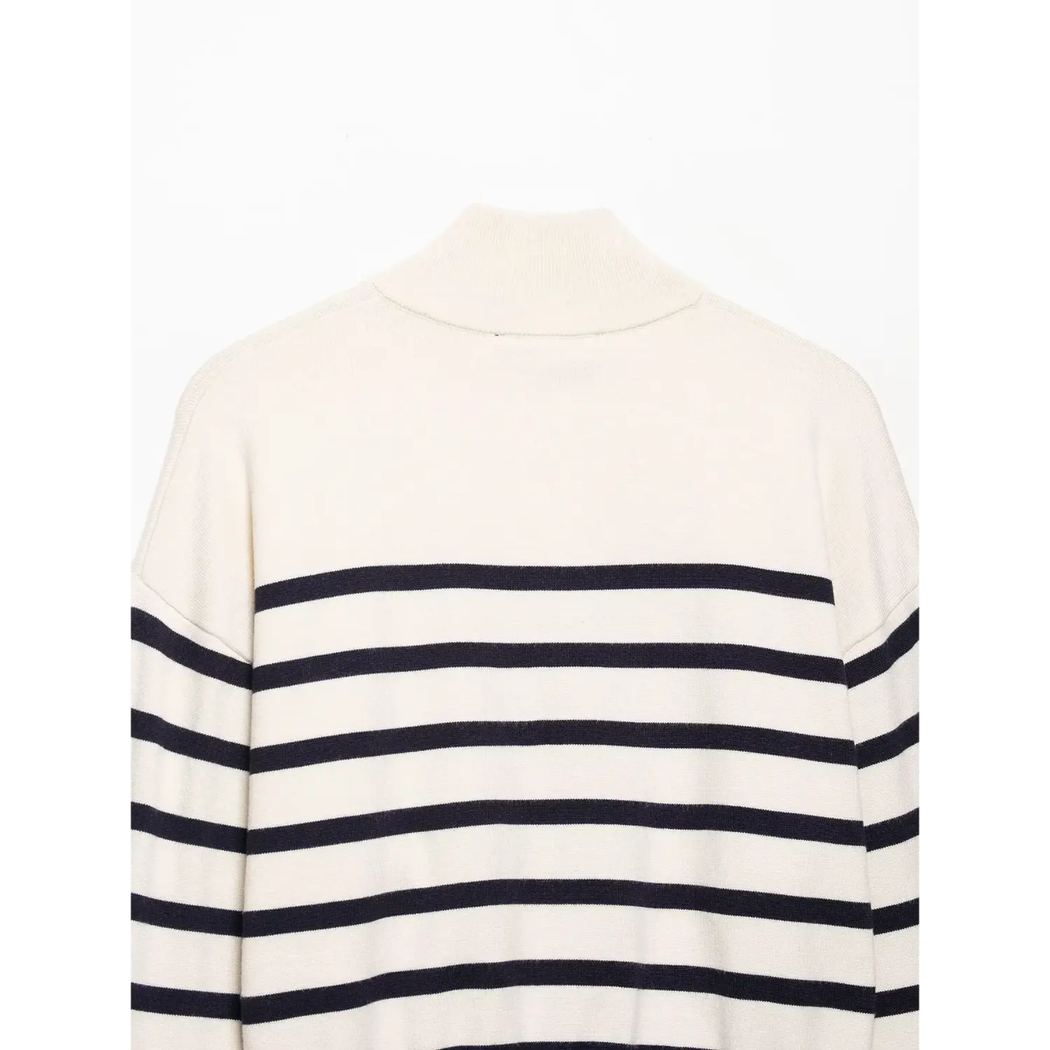 Back upper close‑up, stand collar and horizontal navy stripe knit pattern