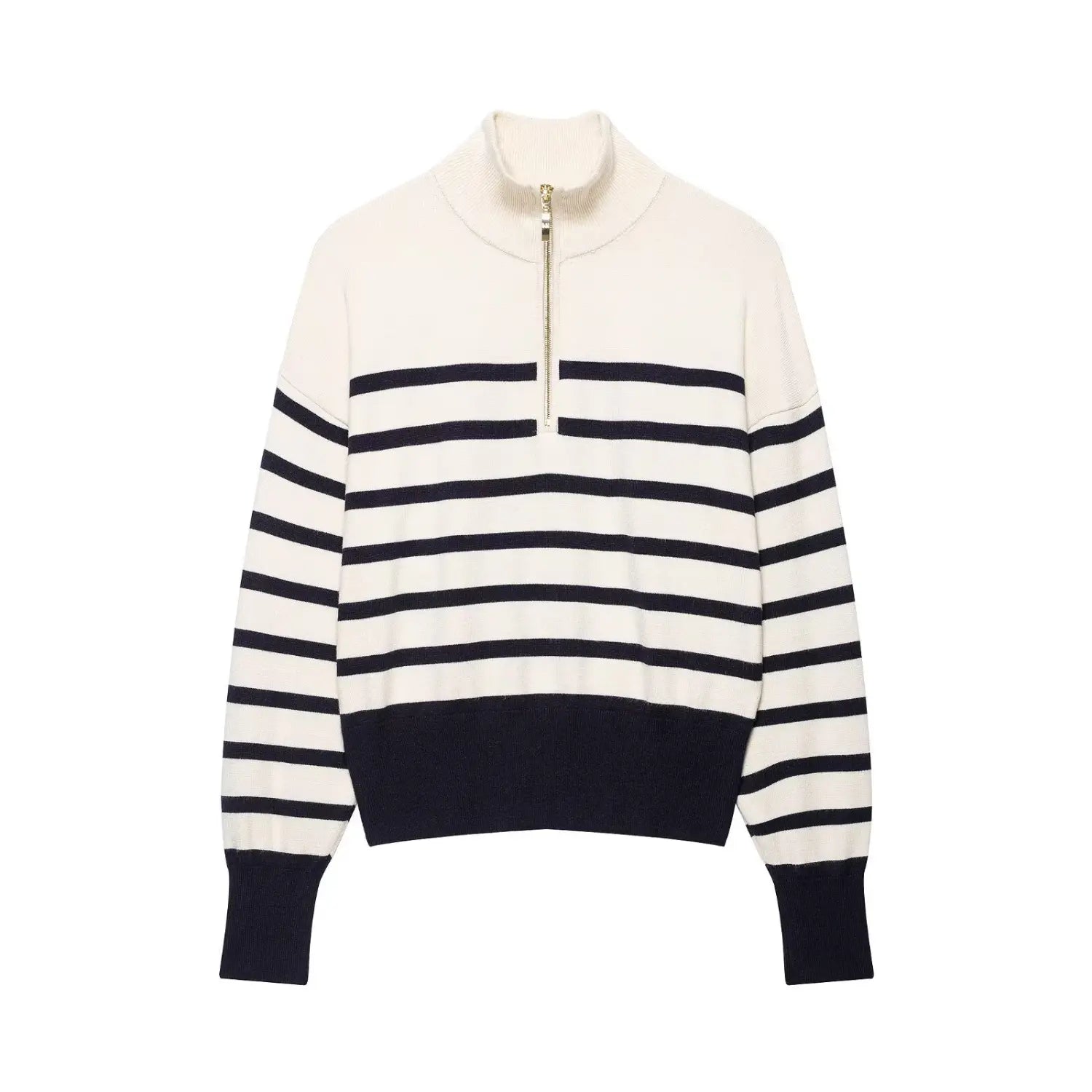 Full front product shot, cream navy half‑zip striped cropped knit pullover on white background