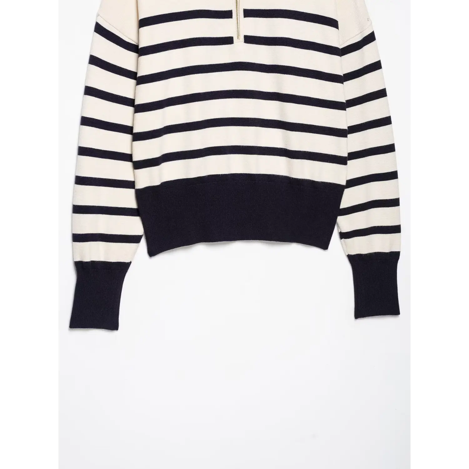 Full front flat‑lay shot, cream navy horizontal stripe half‑zip cropped knit pullover
