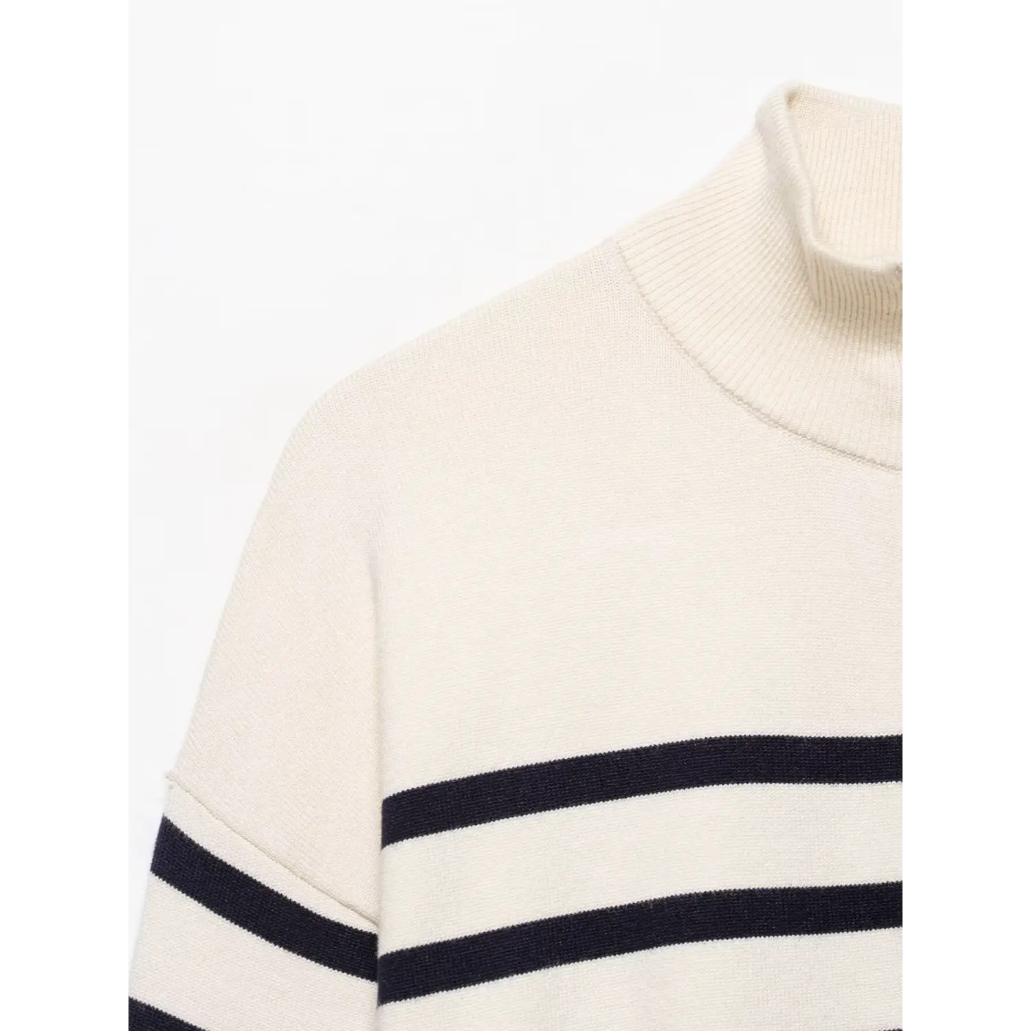 Close‑up of stand collar and shoulder, cream navy horizontal stripe knit fabric texture