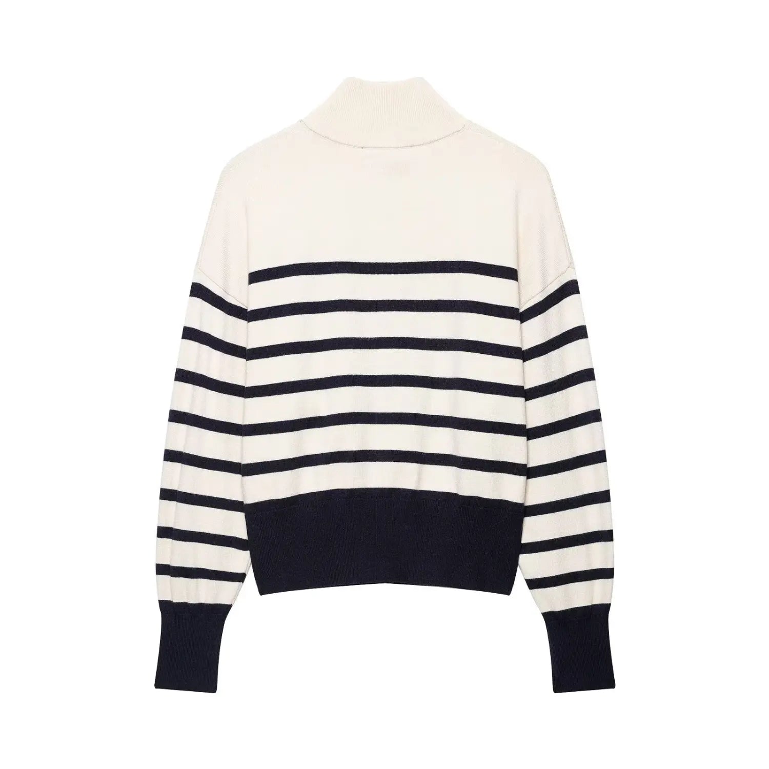 Back view of cream navy blue striped half‑zip knit sweater, stand collar, long sleeve, cropped ribbed hem