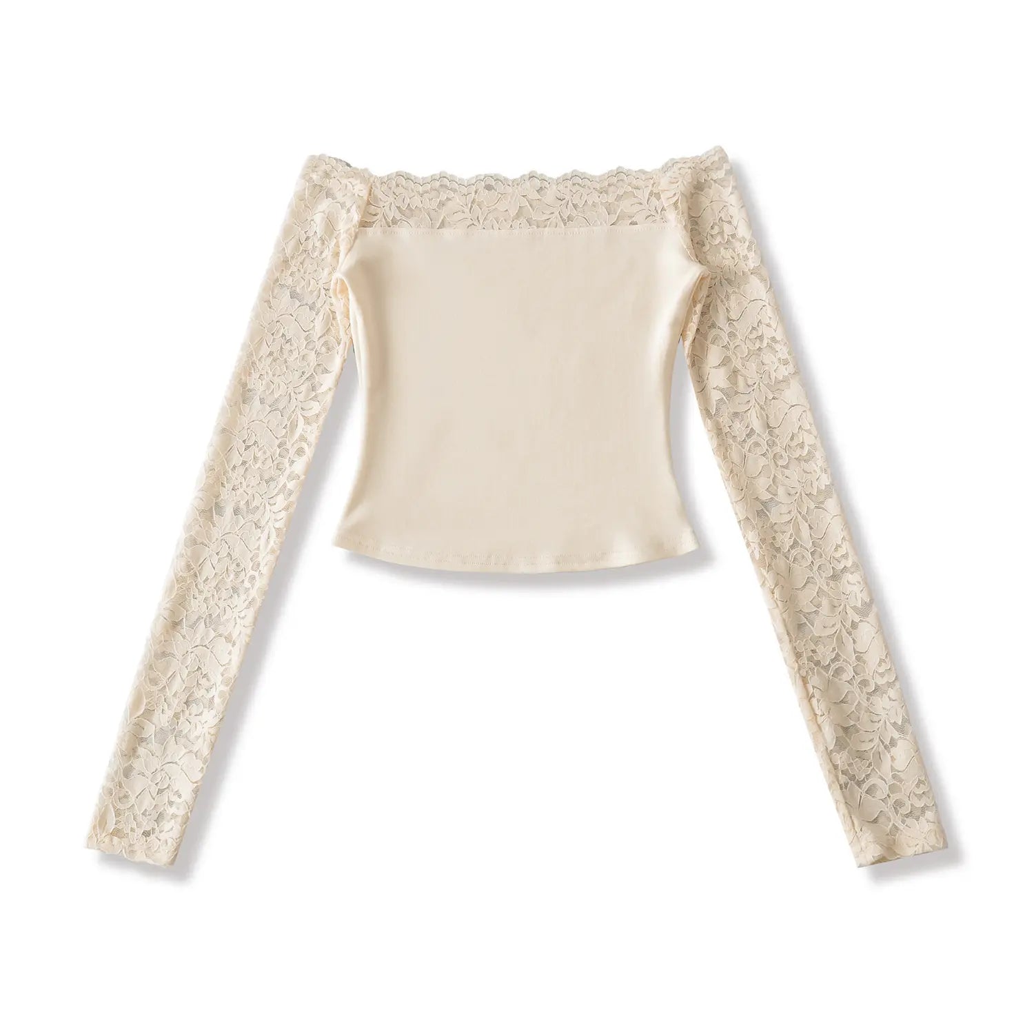 Studio flat‑lay shot of cream off‑shoulder cropped top with sheer floral lace long sleeves