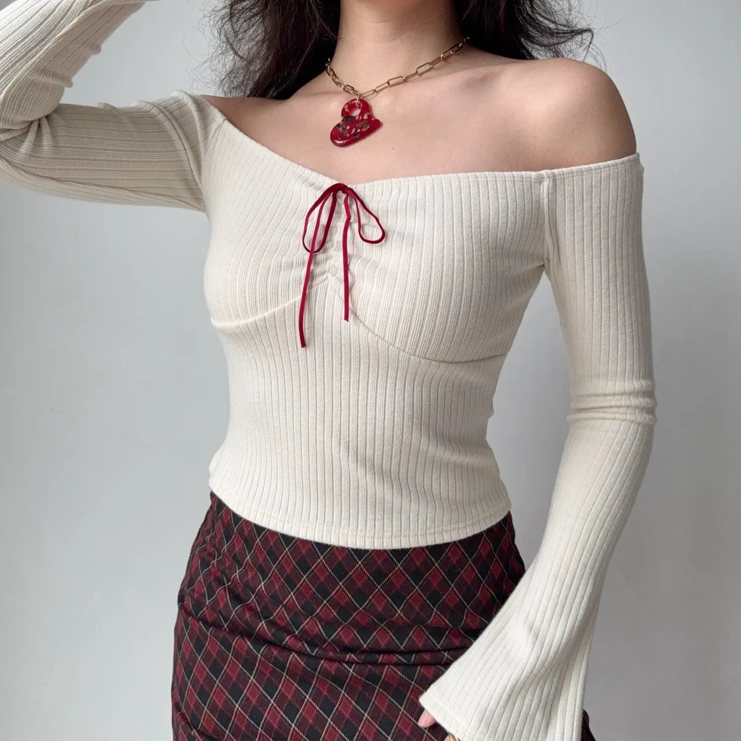 Cream ribbed off shoulder long flare sleeve crop top with red front drawstring ruched bust y2k women slim knit shirt