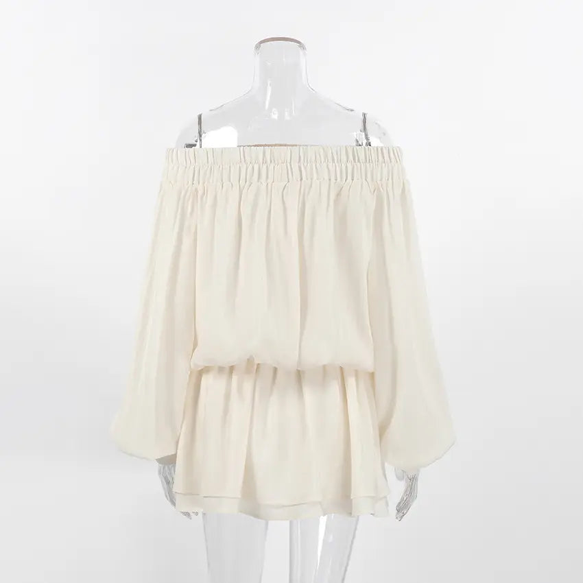 Cream off shoulder smock waist chiffon mini dress on mannequin, back view
