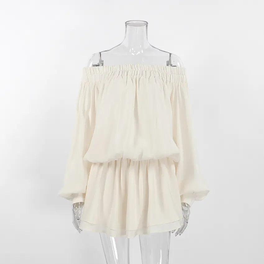 Cream off shoulder smock waist chiffon mini dress on mannequin, front view