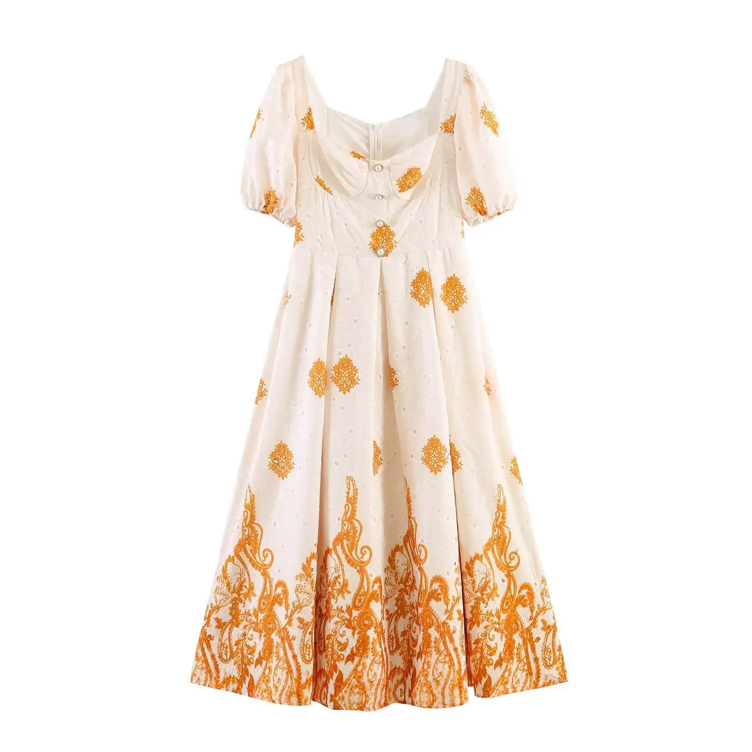 Full front view of cream maxi dress with orange paisley ethnic print, puff short sleeves and square neck