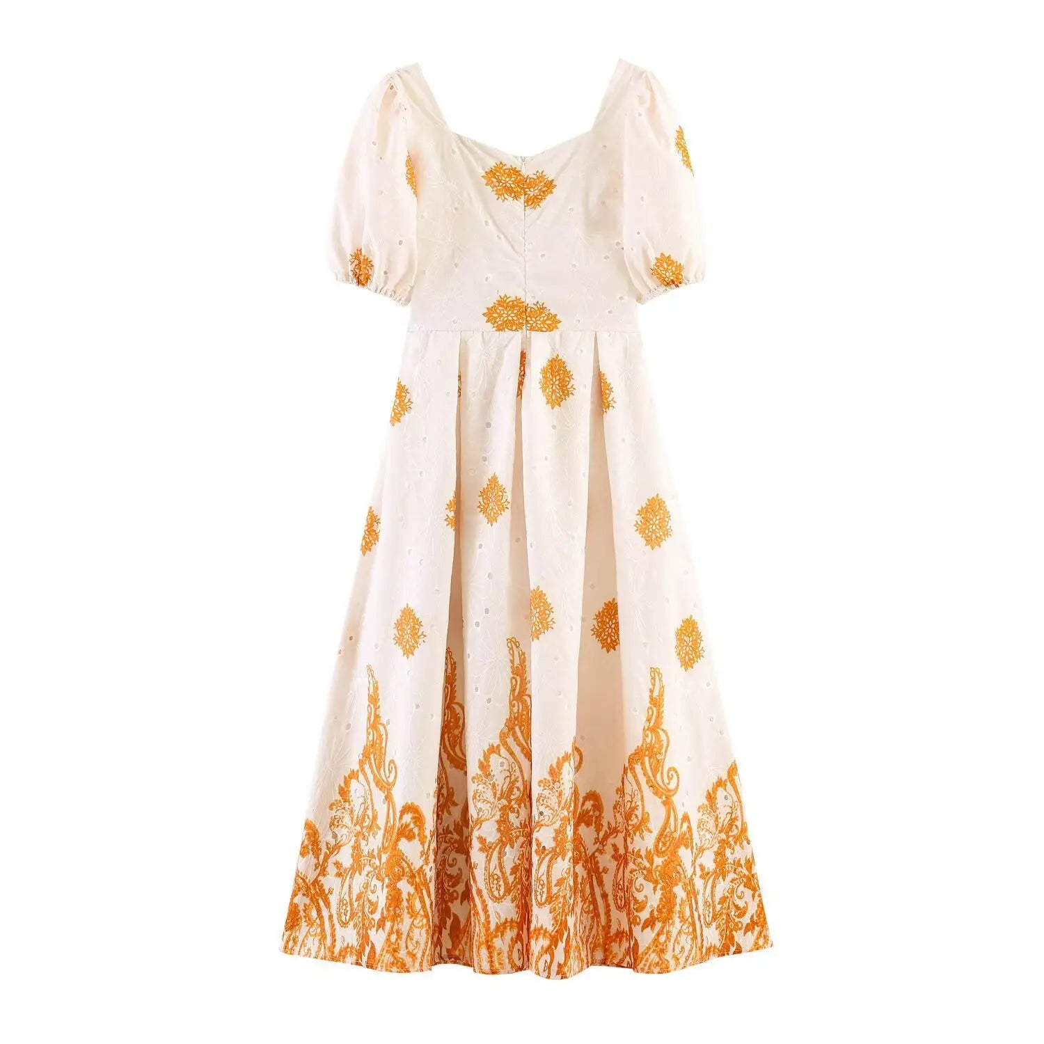 Full back view of eyelet embroidered maxi dress, square back neck and clean long skirt silhouette