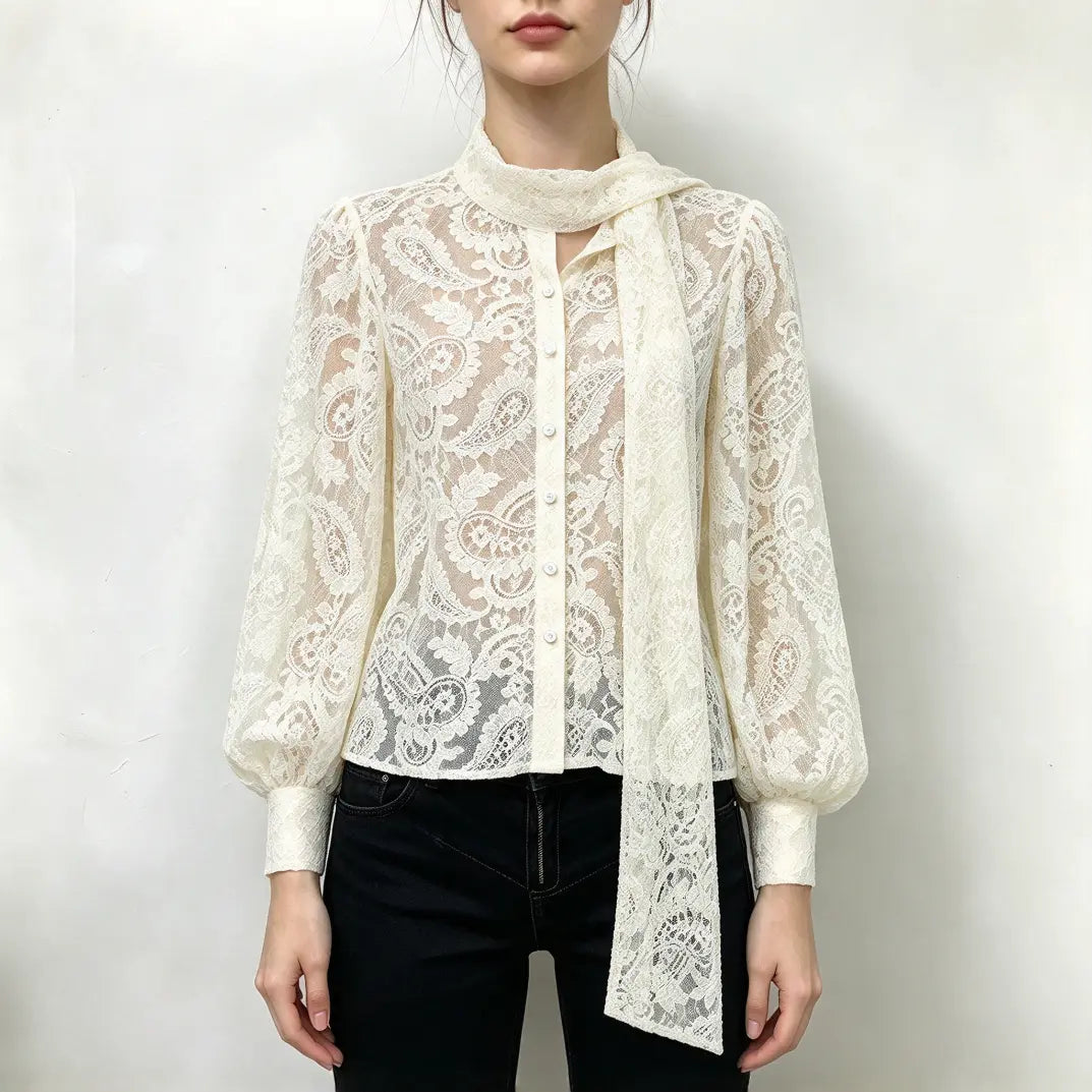 Model wearing cream paisley lace pussy bow button blouse with black jeans, front view