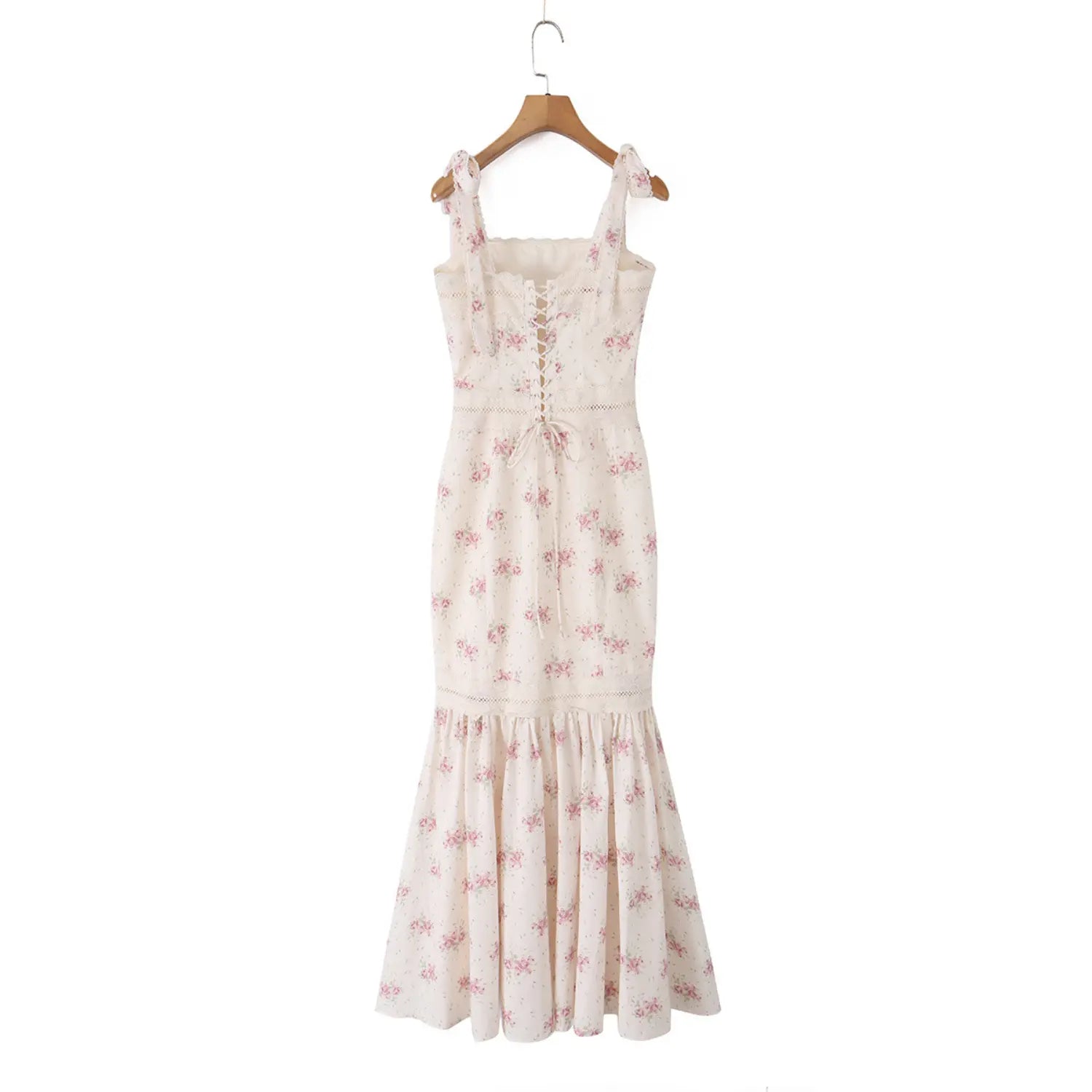 Full back flat lay feminine mermaid midi dress, corset lace-up tie back keyhole cutout, matching lace hollow waist panel, self fabric bow tie shoulder straps, hidden side zipper, ruffled flared long mermaid skirt