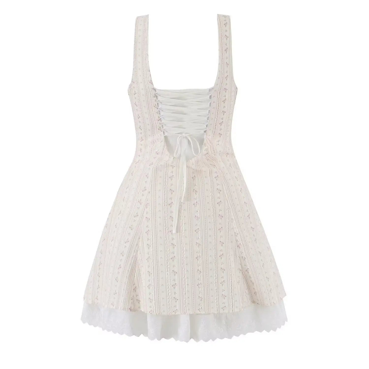 Full back flat lay cottagecore floral mini dress, large square corset lace-up cutout back, adjustable self tie ribbon, wide shoulder straps, flared A-line skirt with lace underslip