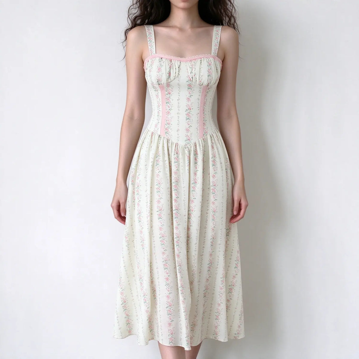 Model wearing cream base pink floral corset maxi dress, wide shoulder straps, square neckline, fitted waist, flowy maxi skirt with delicate floral print