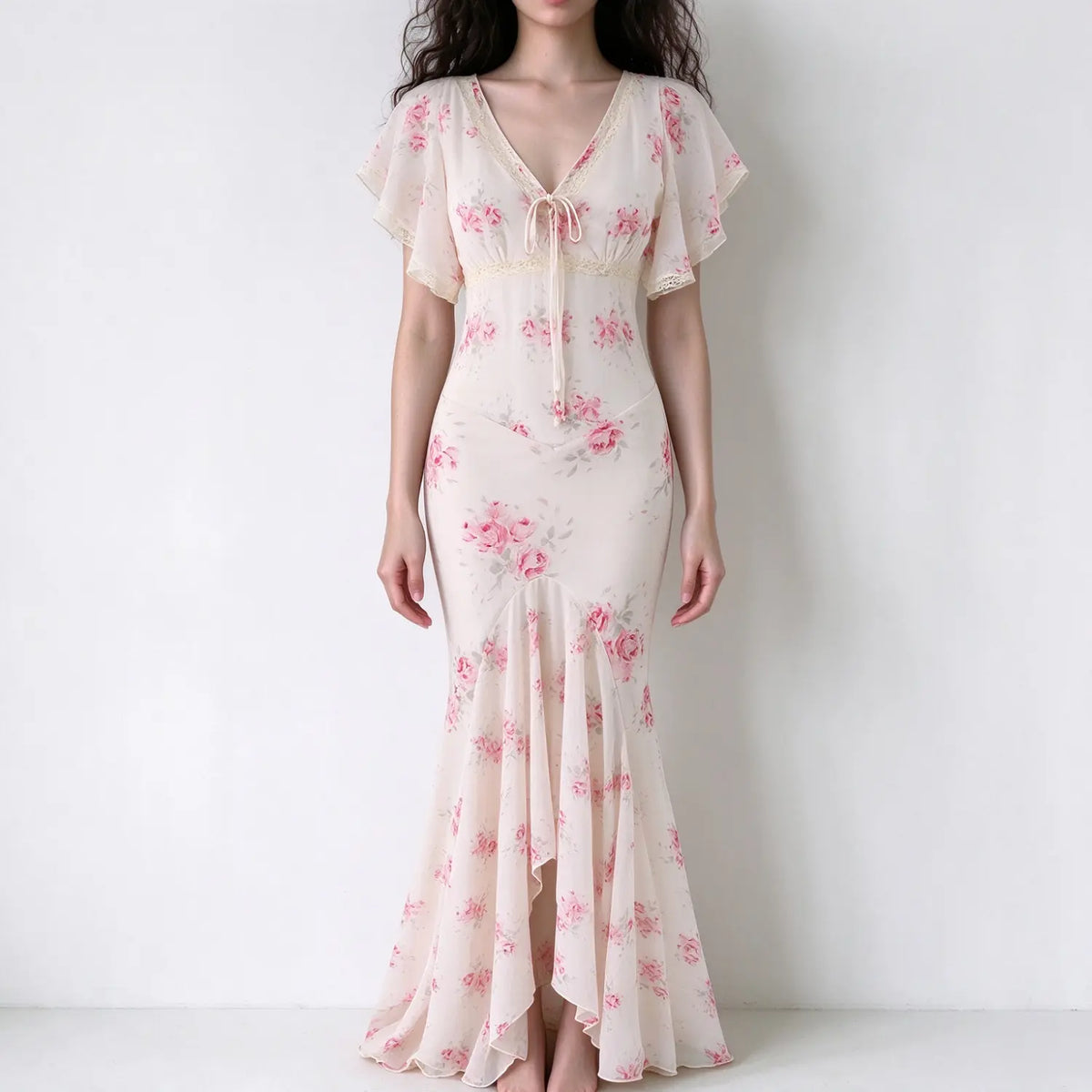 Model wearing cream pink floral print mermaid maxi dress, v neck with front tie, flutter short sleeves, lace trim, fitted waist, ruffled hem, plain white background